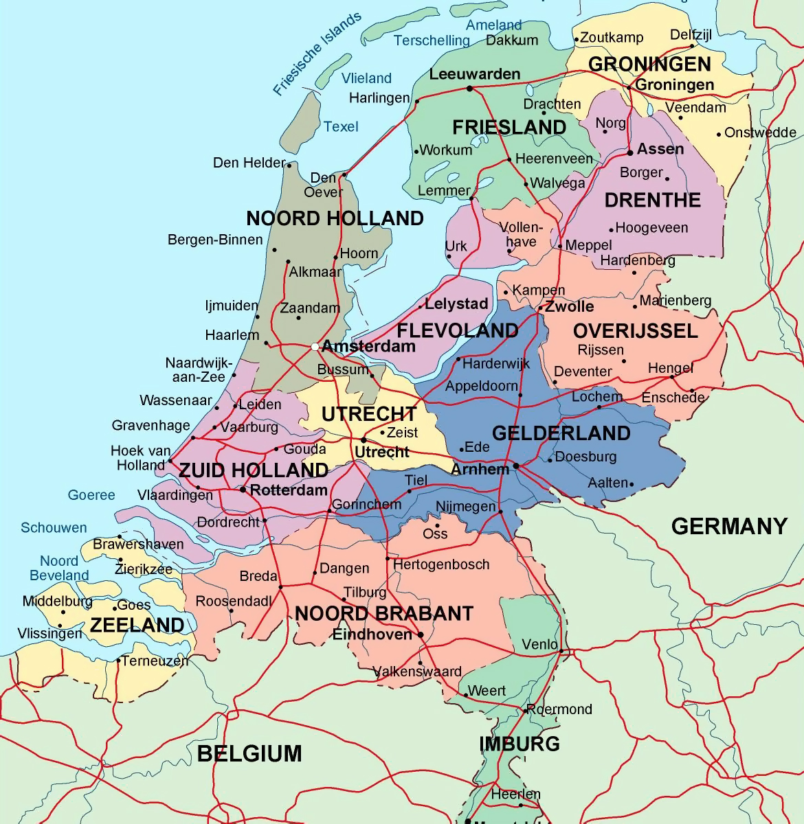 Detallado mapa administrativo de Países Bajos con principales ciudades