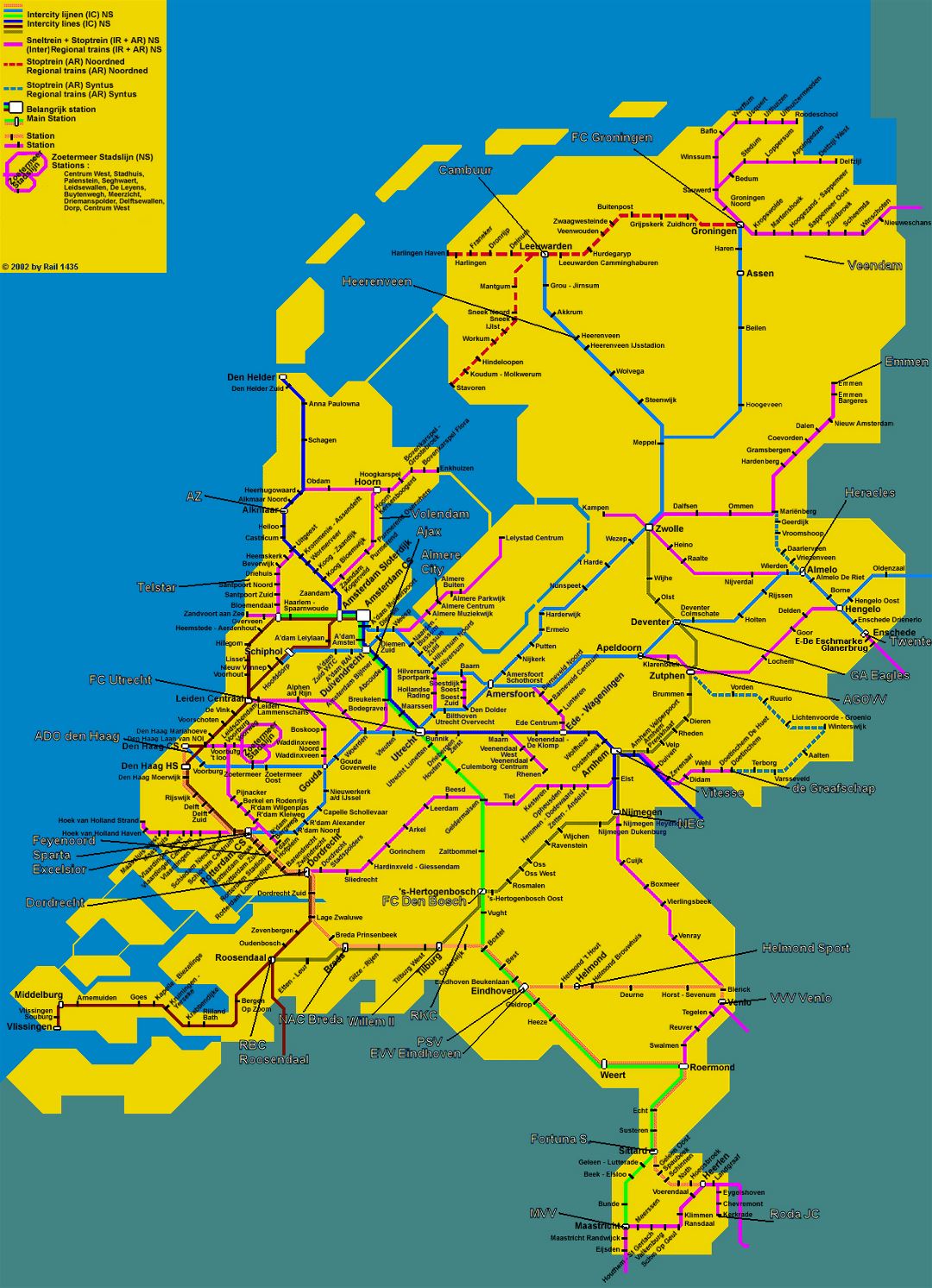 Detallado mapa de tren de los Países Bajos (Holanda) | Países Bajos