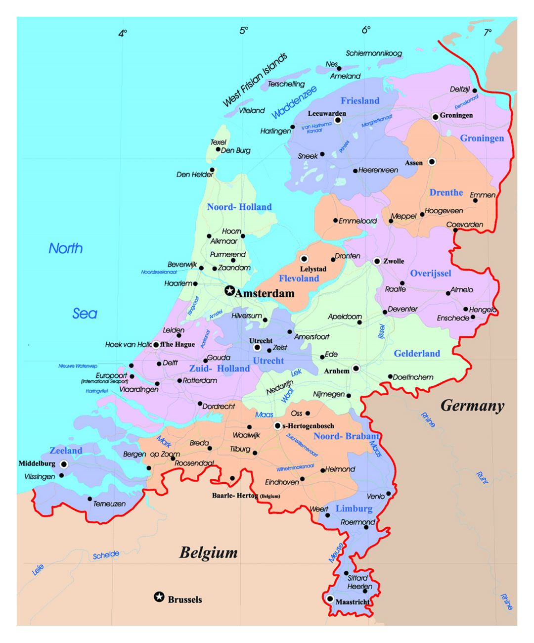 Detallado mapa político y administrativo de los Países Bajos (Holanda) con carreteras y ciudades principales