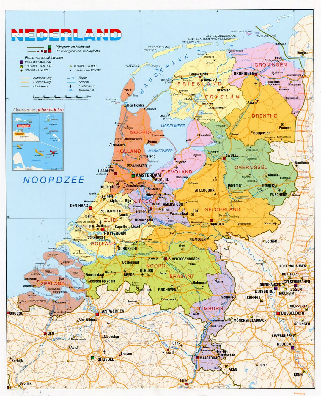 Detallado mapa político y administrativo de los Países Bajos con carreteras, ciudades y aeropuertos