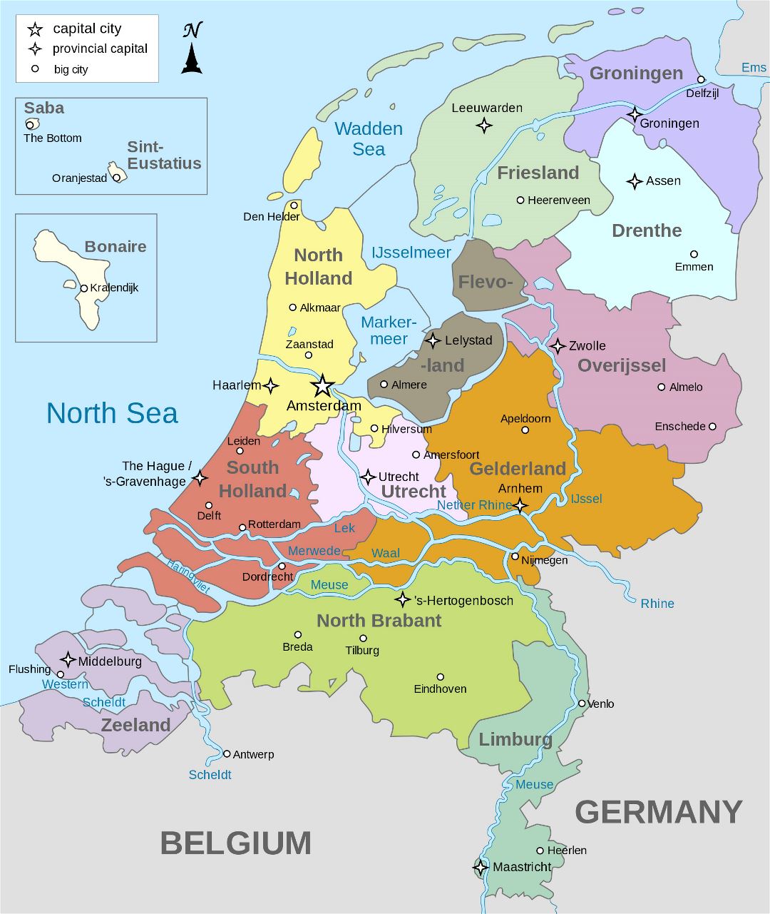 Grande detallado mapa administrativo de Holanda con principales ciudades