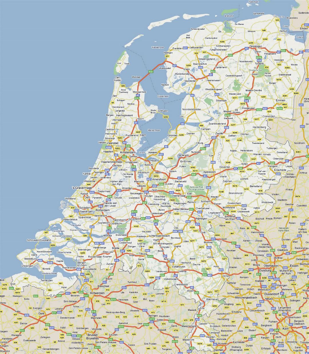 Grande hoja de ruta de los Países Bajos con todas ciudades