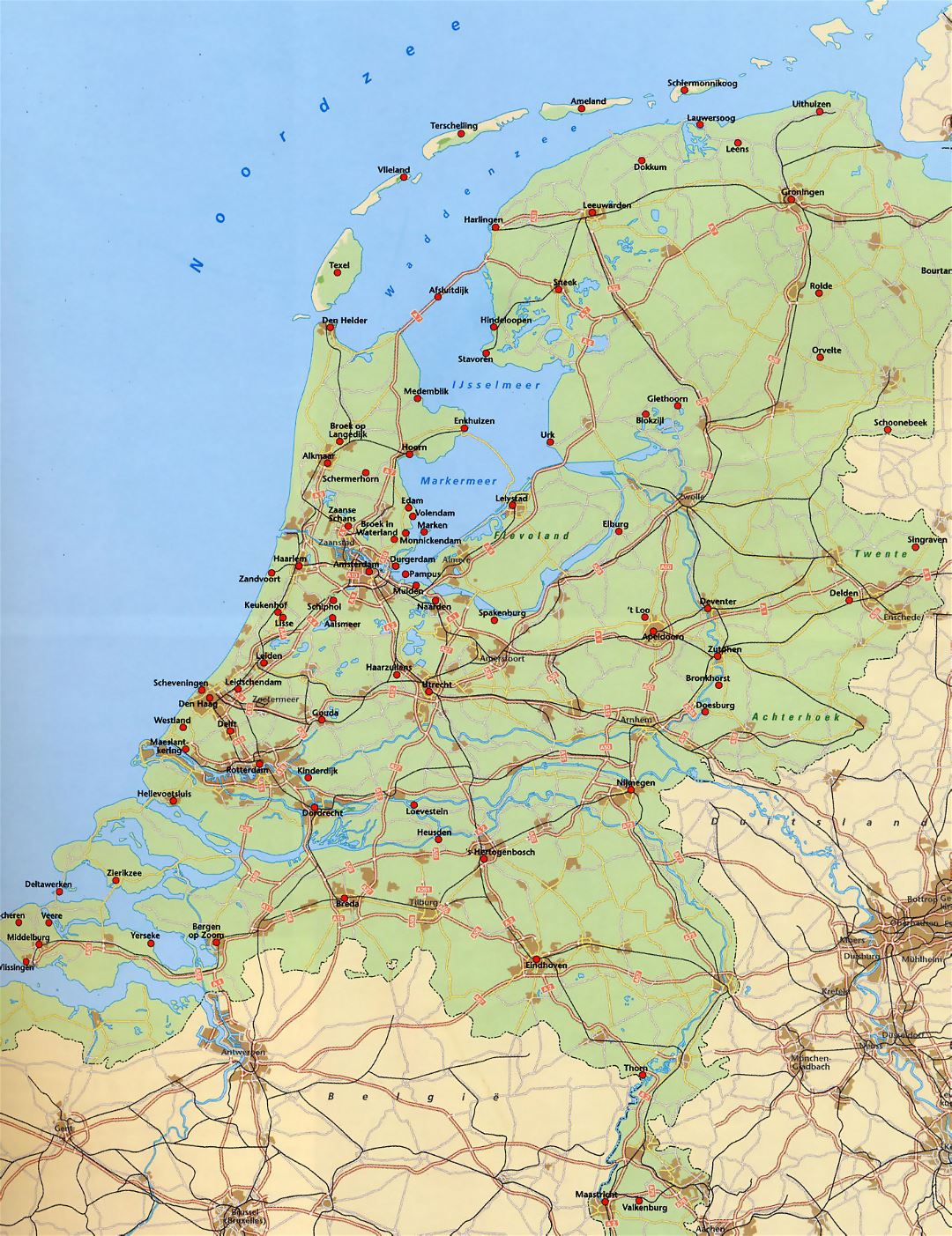 Grande mapa de los Países Bajos con carreteras, ferrocarriles y grandes ciudades