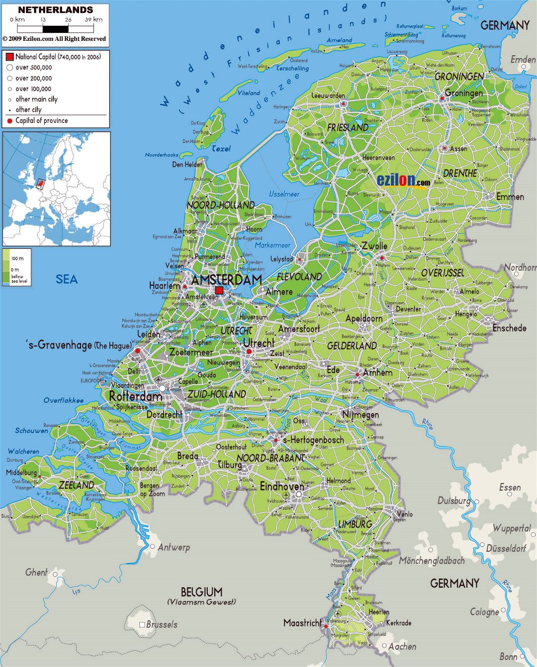 Grande mapa físico de Holanda con carreteras, ciudades y aeropuertos