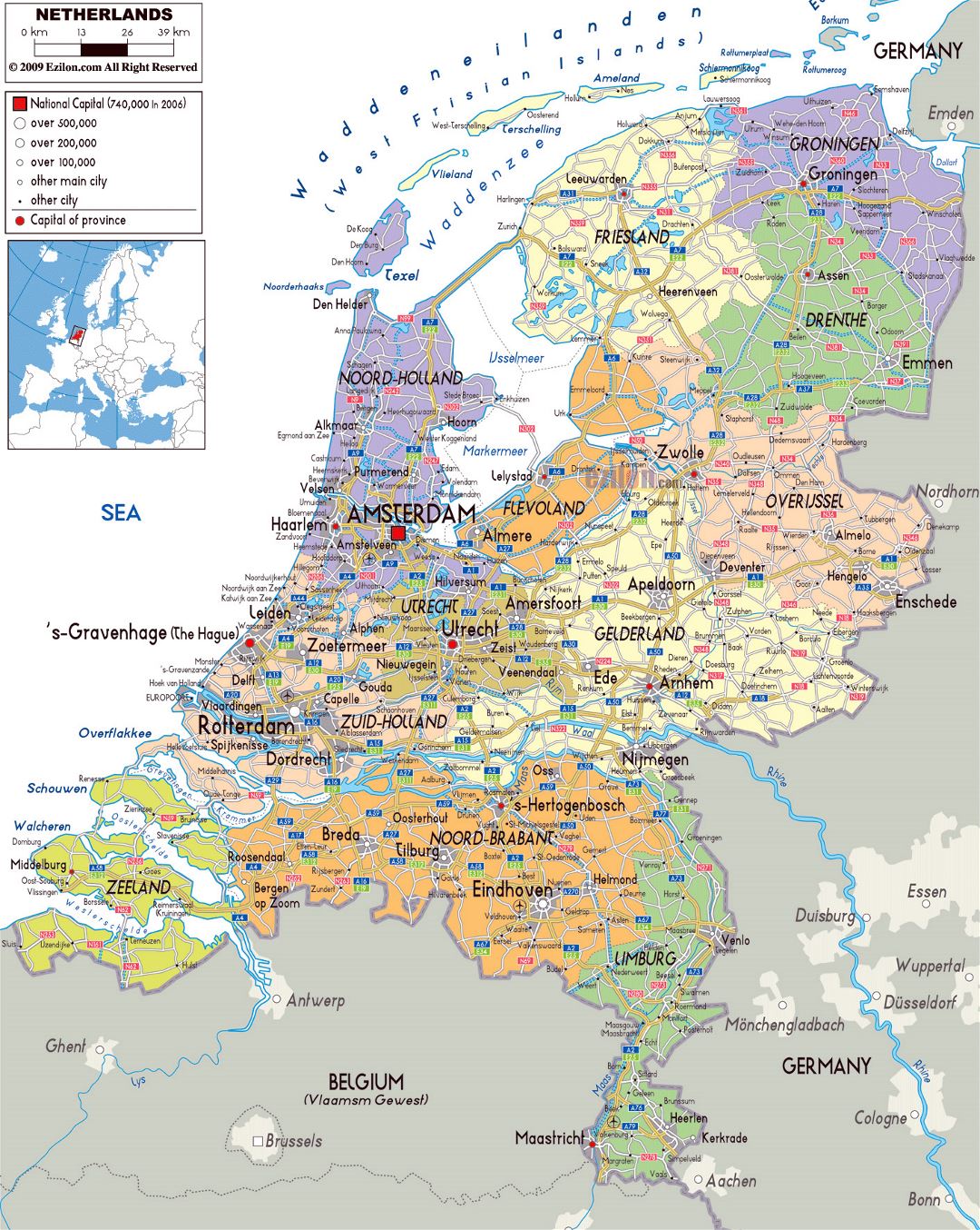 Grande mapa político y administrativo de Holanda con carreteras