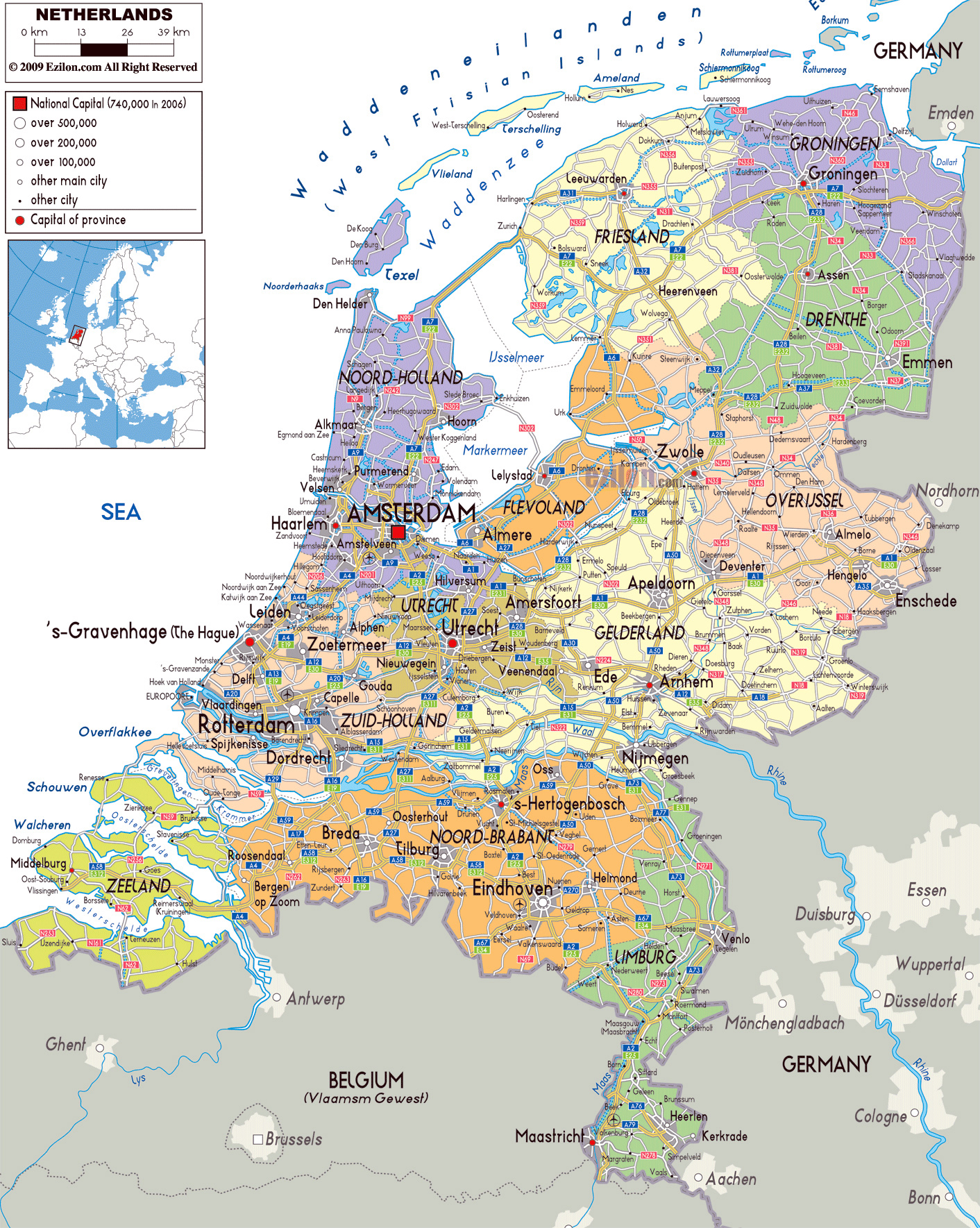 Grande mapa político y administrativo de Holanda con carreteras