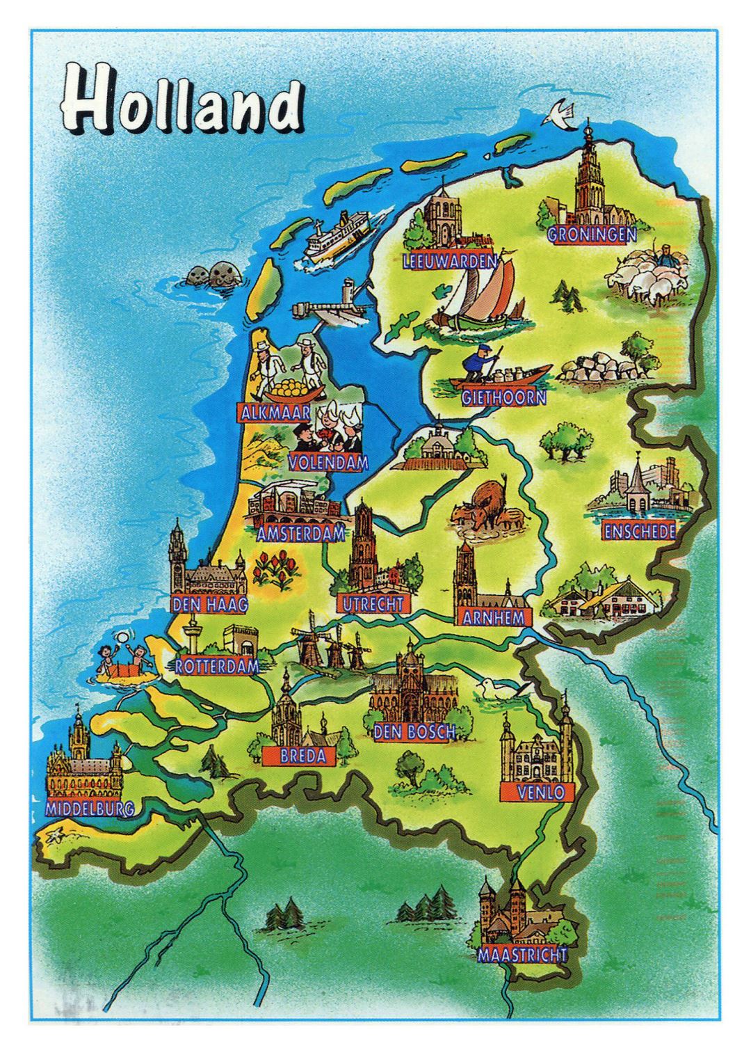 Grande turismo ilustrado mapa de Países Bajos (Holanda)