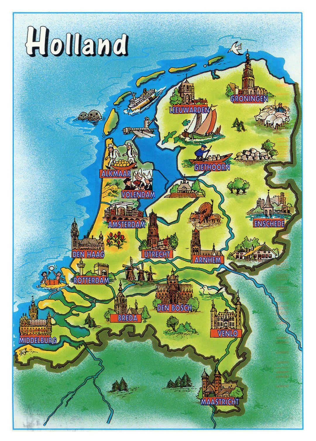 Grande turismo ilustrado mapa de Países Bajos (Holanda)