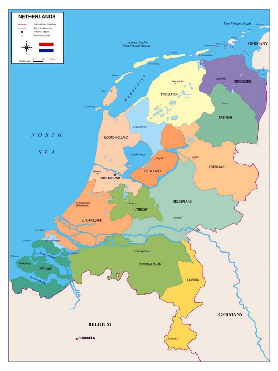 Mapa político y administrativo de los Países Bajos