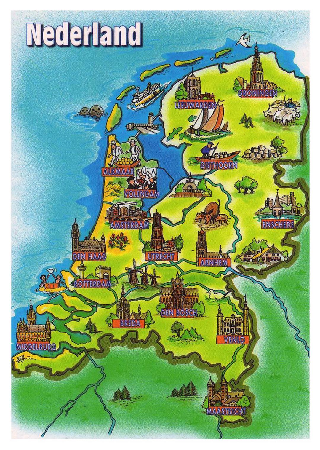 Turístico ilustrado mapa de los Países Bajos