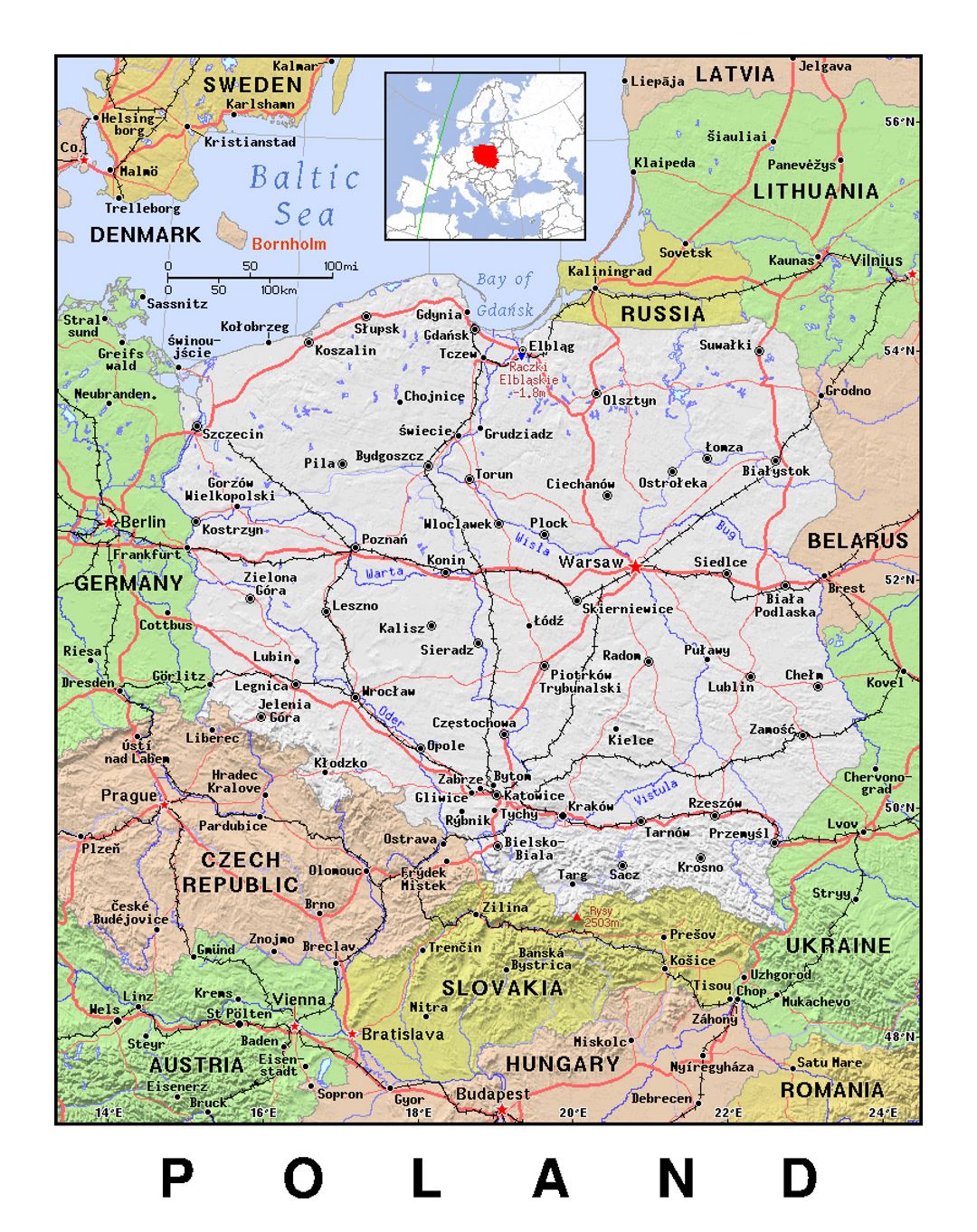 Detallado mapa político de Polonia con alivio
