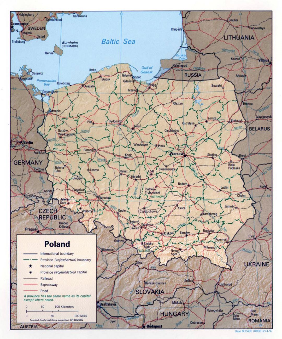 Detallado mapa político y administrativo de Polonia con alivio - 1997