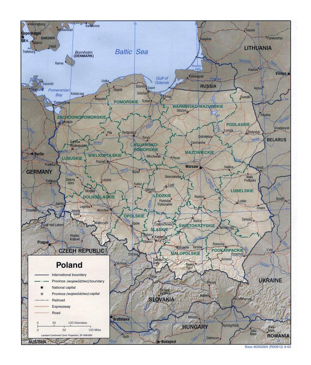 Detallado mapa político y administrativo de Polonia con alivio, carreteras, vías férreas y principales ciudades - 2000