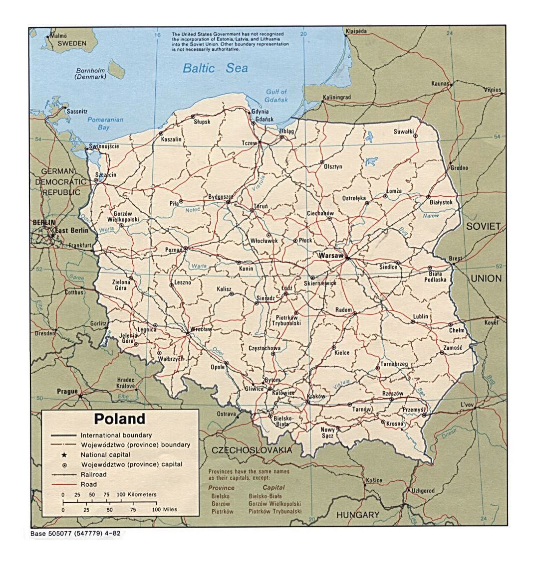 Detallado mapa político y administrativo de Polonia con carreteras, ferrocarriles y principales ciudades - 1982