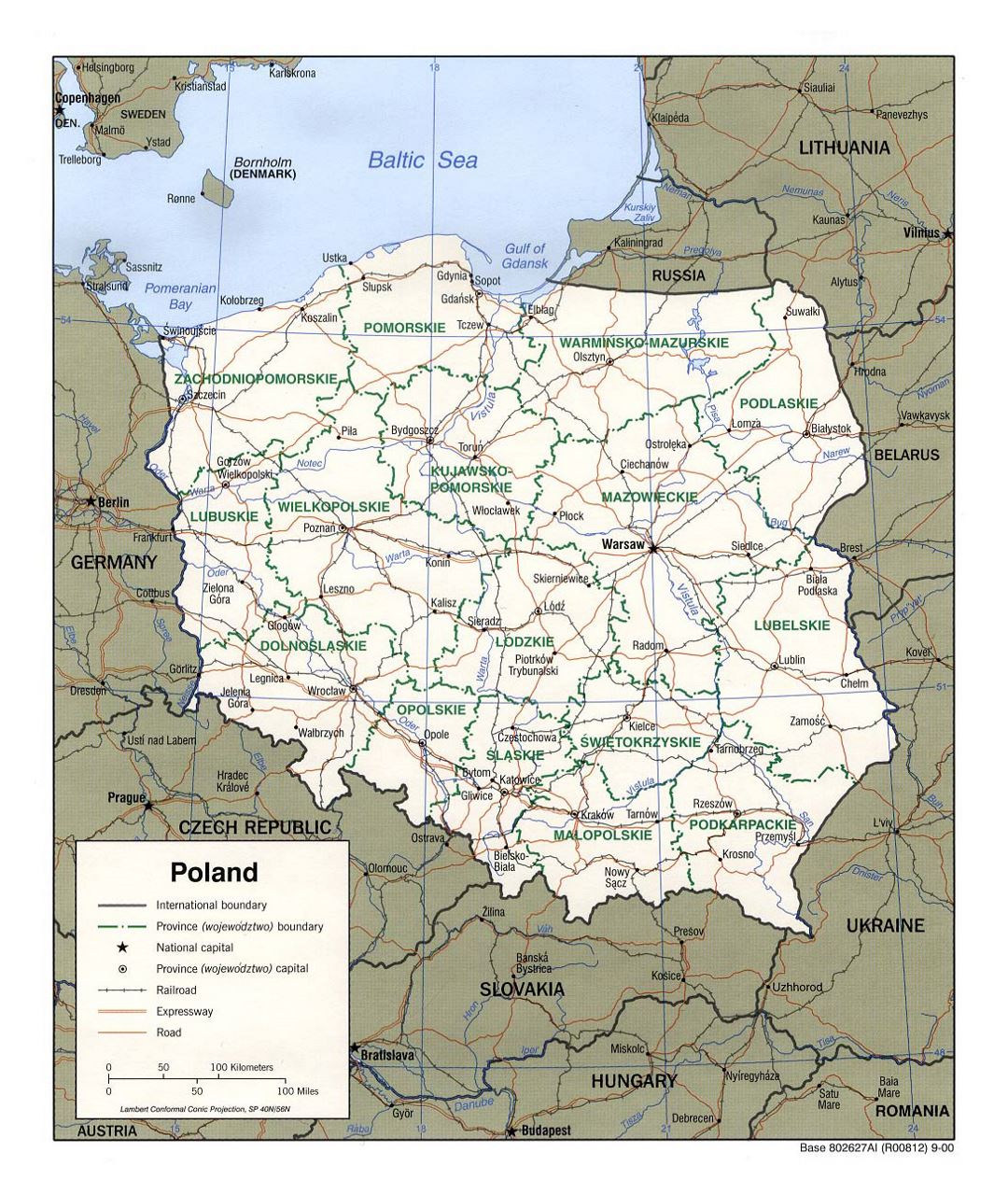 Detallado mapa político y administrativo de Polonia con carreteras, ferrocarriles y principales ciudades - 2000