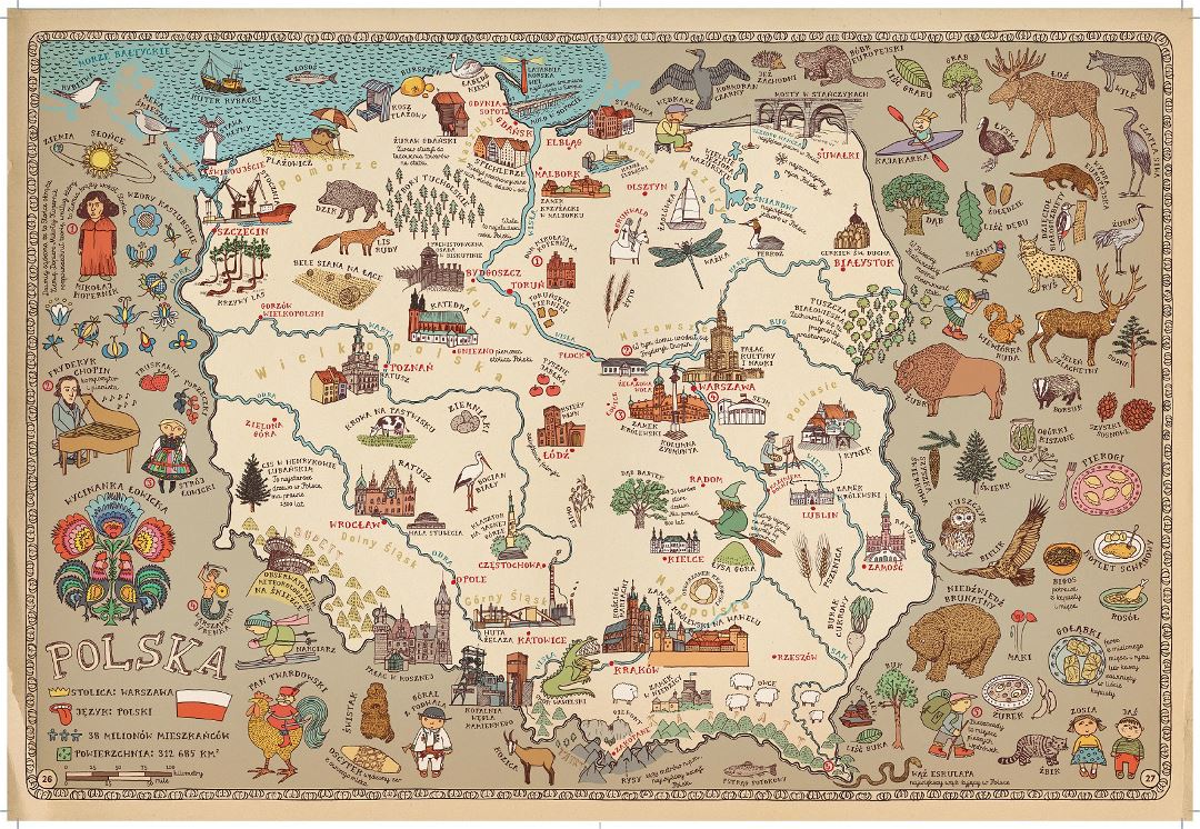 Detallado turística ilustra mapa de Polonia