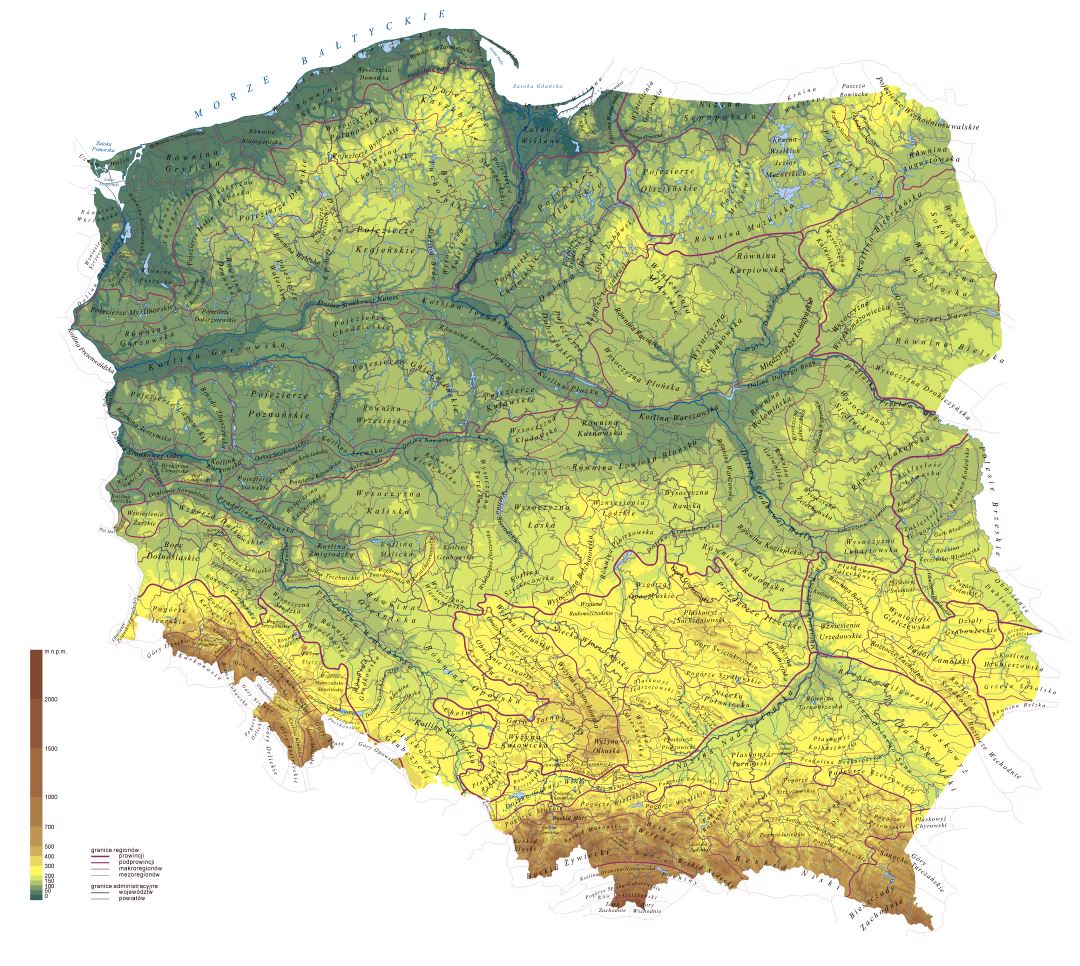 Grande detallado mapa físico de Polonia
