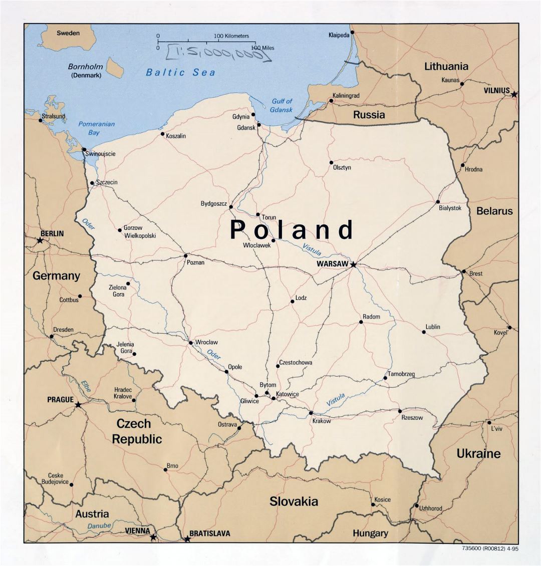 Grande detallado mapa política de Polonia con carreteras, ferrocarriles y principales ciudades - 1995