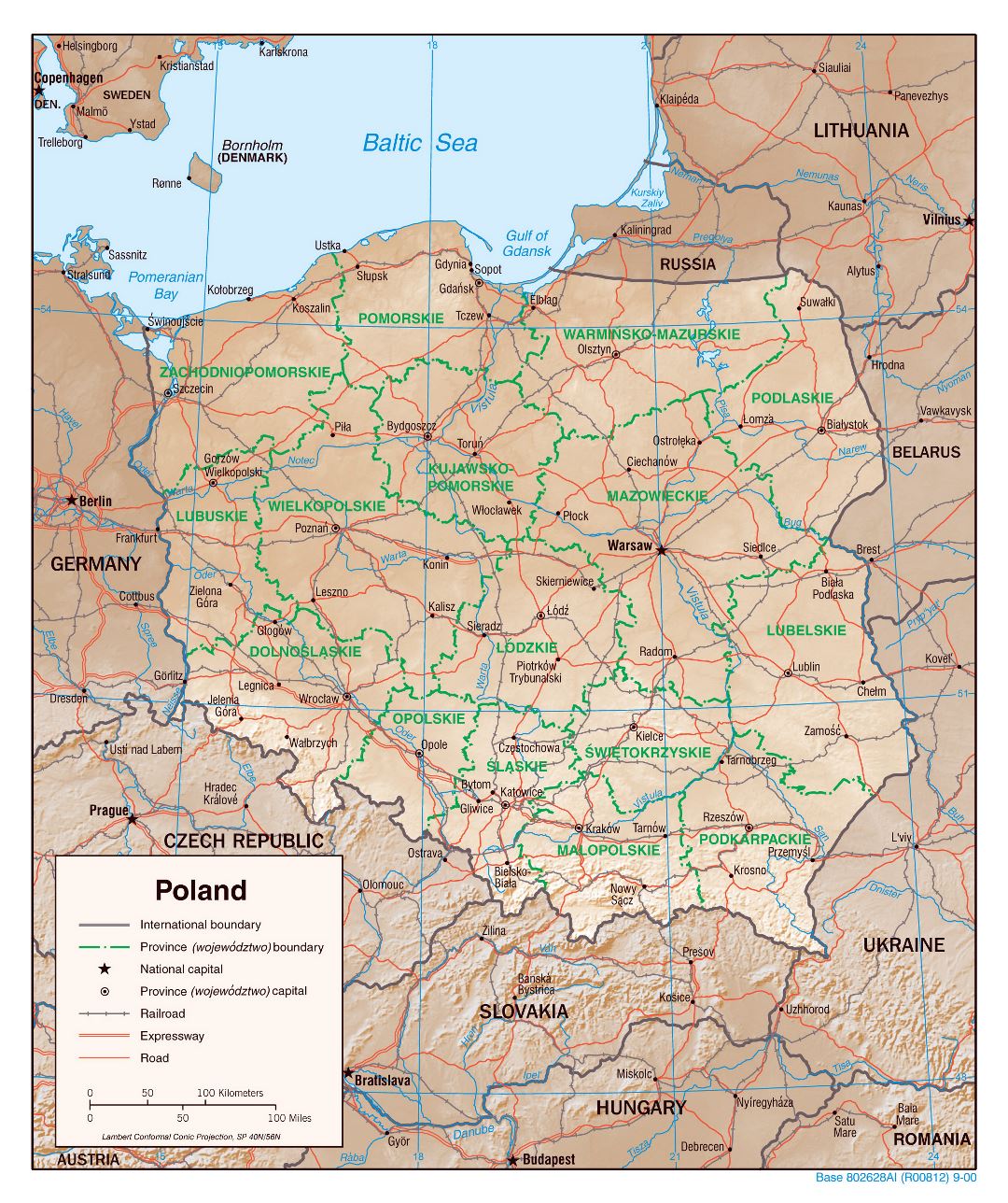 Grande detallado mapa política y administrativa de Polonia con alivio, carreteras, vías férreas y principales ciudades - 2000