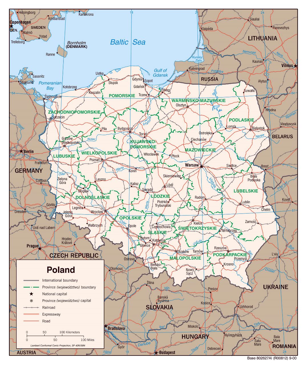 Grande detallado mapa política y administrativa de Polonia con carreteras, ferrocarriles y principales ciudades - 2000