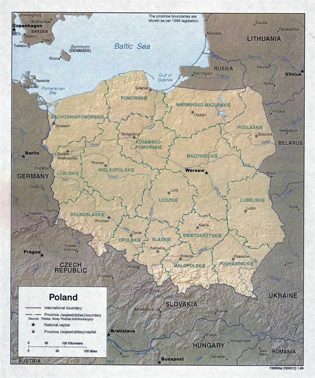 Grande detallado mapa política y administrativa de Polonia con socorro y principales ciudades - 1999