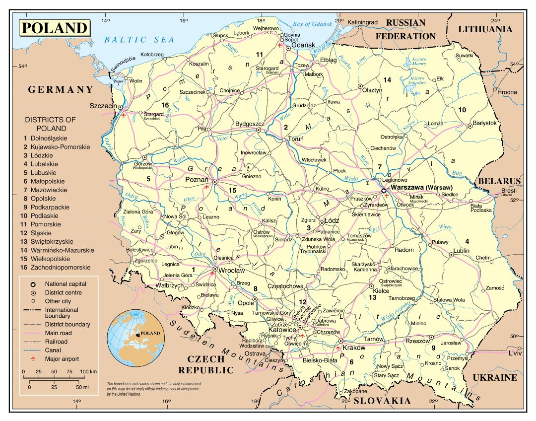 Grande detallado mapa político y administrativo de Polonia con caminos, ferrocarriles, principales ciudades y aeropuertos
