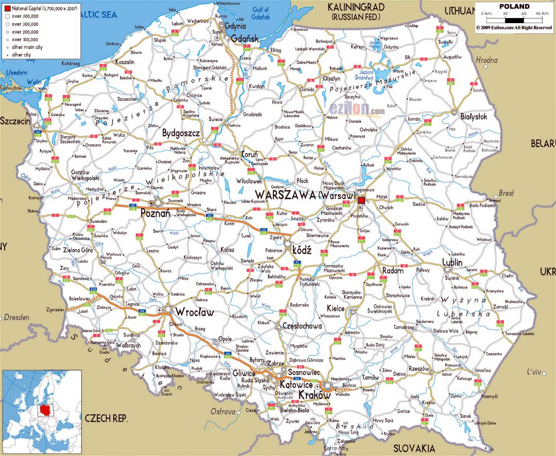 Grande hoja de ruta de Polonia con ciudades y aeropuertos