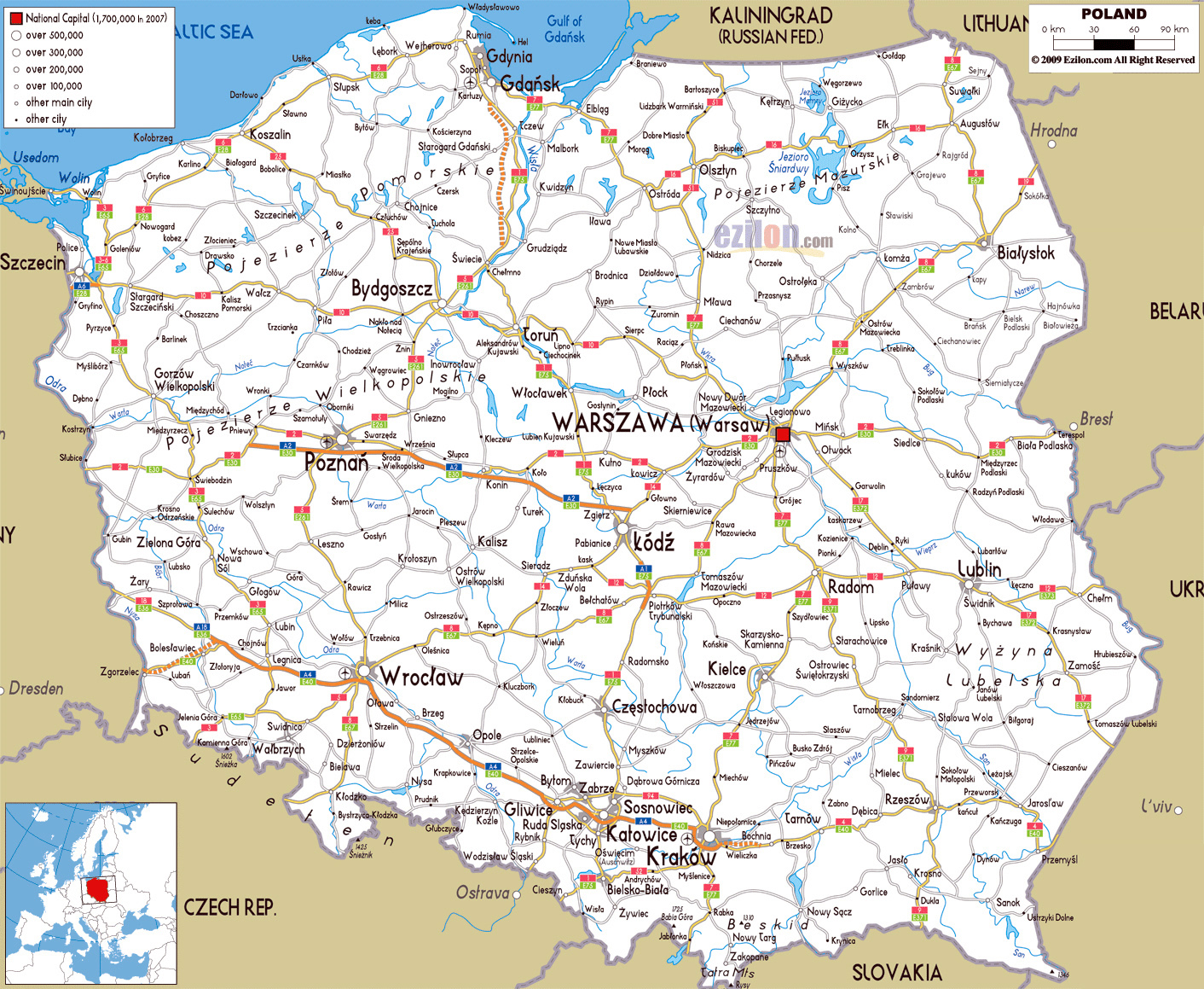 Grande hoja de ruta de Polonia con ciudades y aeropuertos Polonia