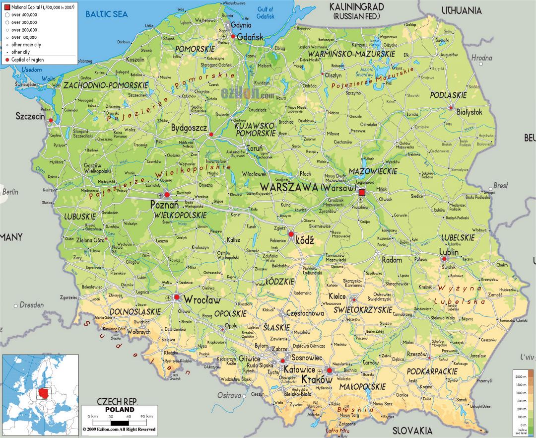 Grande mapa físico de Polonia con carreteras, ciudades y aeropuertos