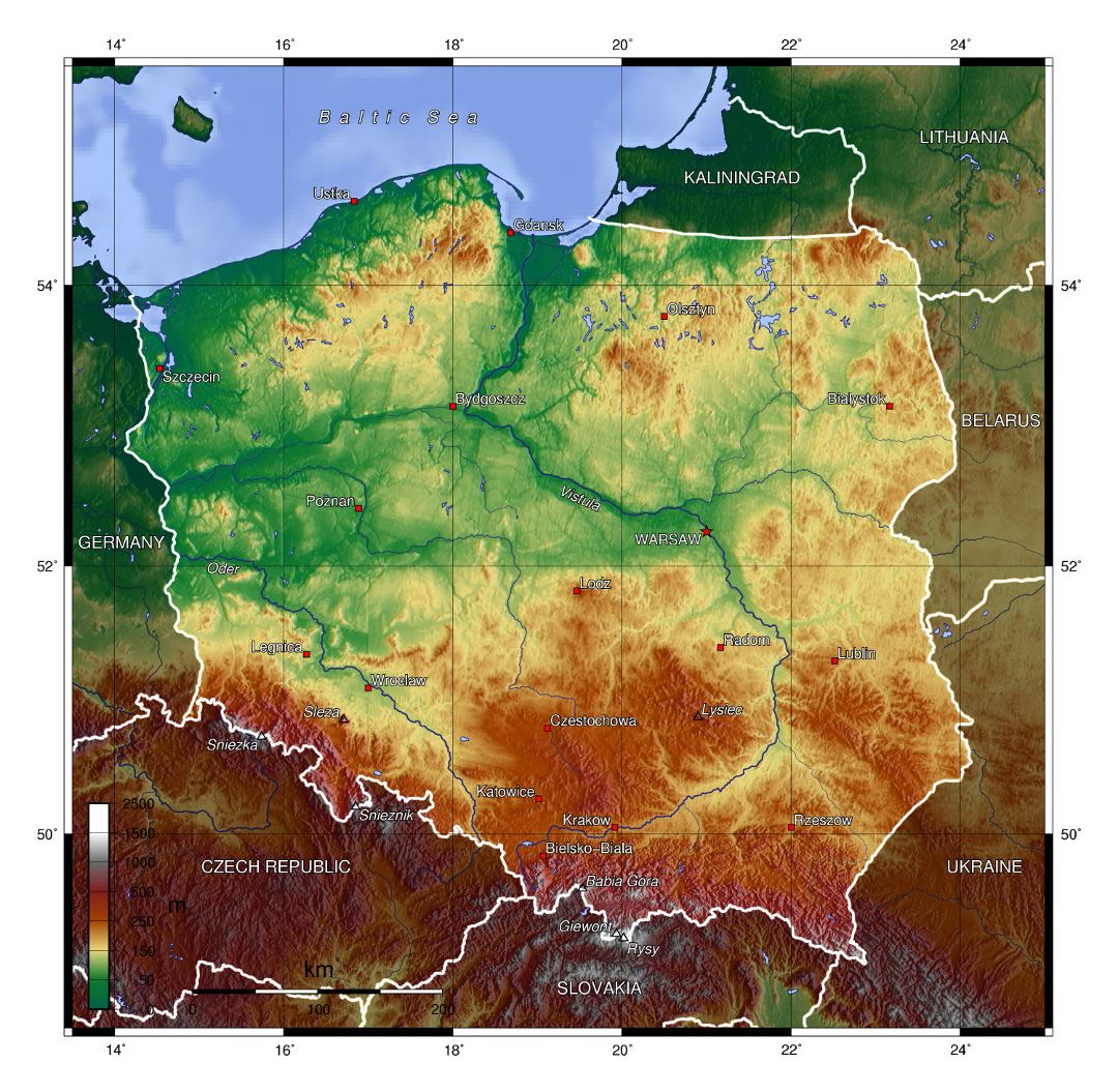 Grande mapa físico de Polonia