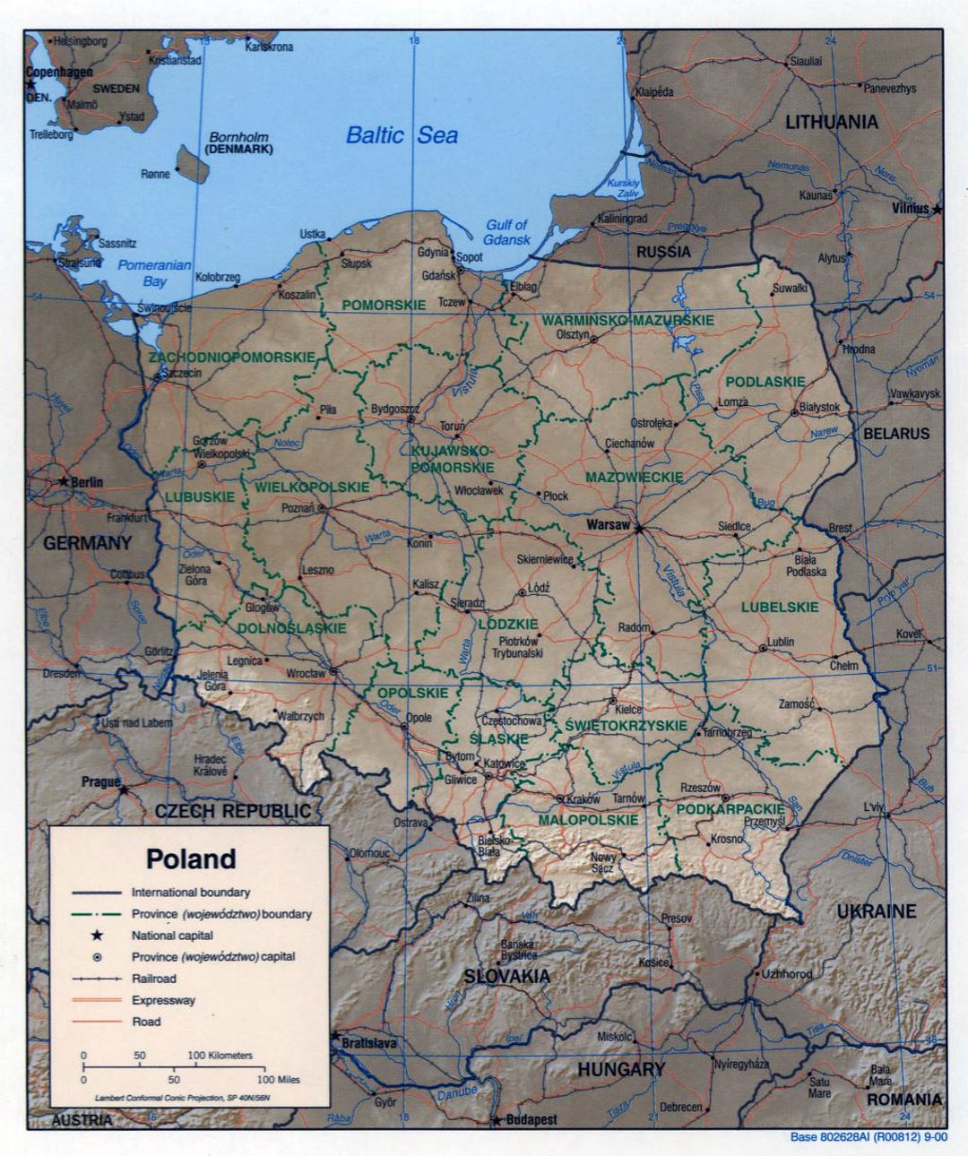 Grande mapa político y administrativo de Polonia con alivio - 2000