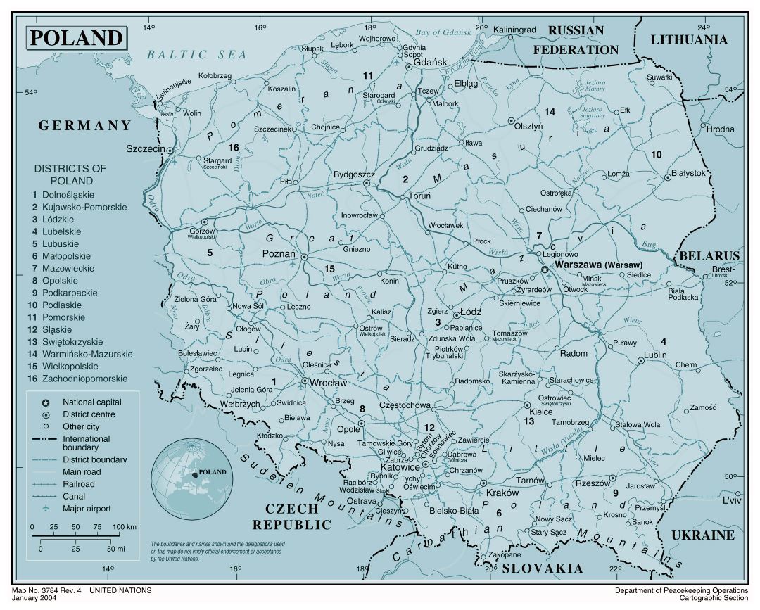 Grande mapa político y administrativo de Polonia con carreteras, ferrocarriles, aeropuertos y principales ciudades