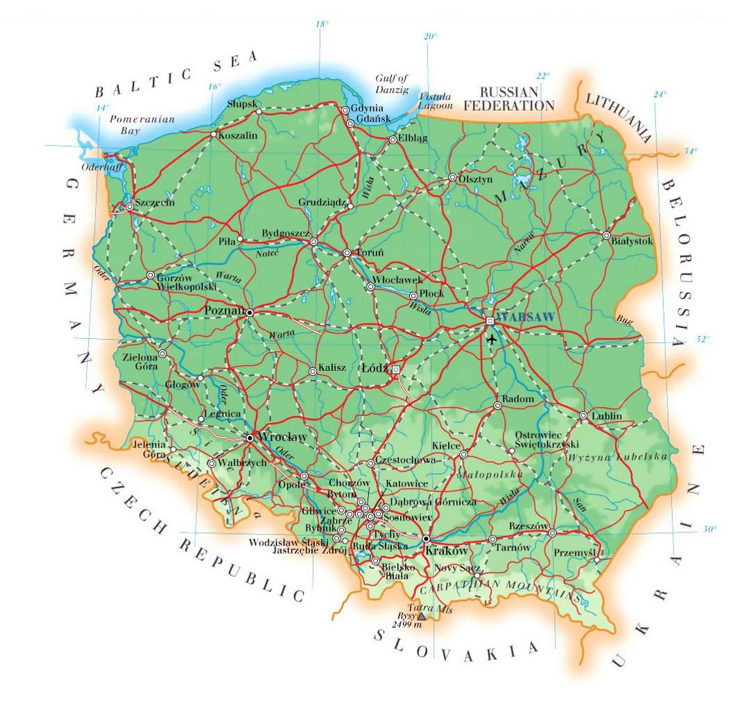 Mapa de elevación de Polonia con carreteras, ciudades y aeropuertos