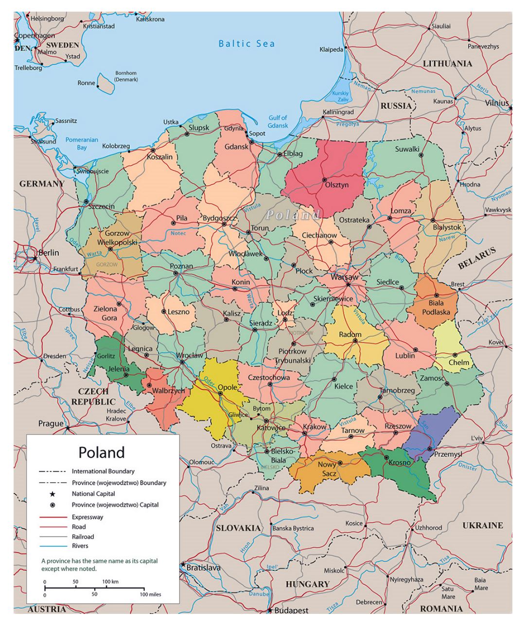 Mapa político y administrativo de Polonia con carreteras, ferrocarriles y grandes ciudades
