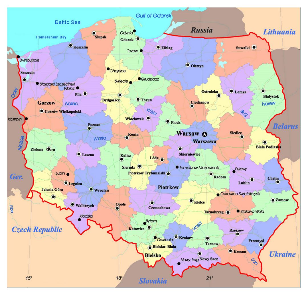 Mapa político y administrativo de Polonia con carreteras y ciudades principales