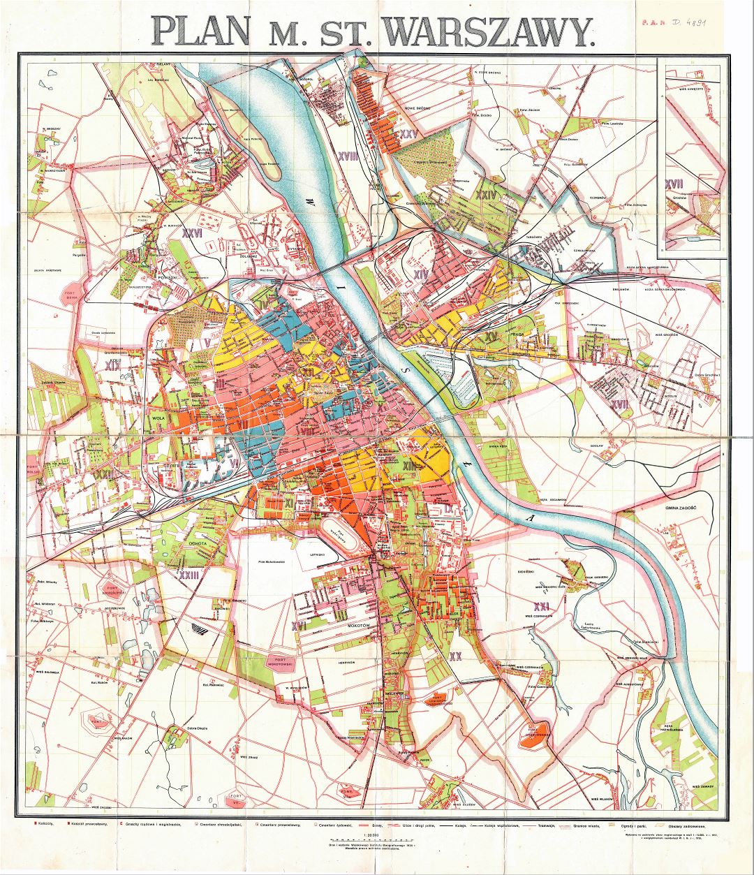 A gran escala detallado vieja plan de la ciudad de Varsovia - 1924