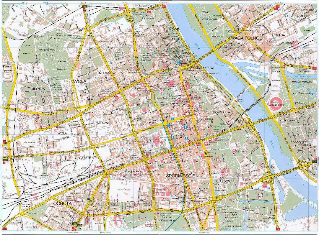 Detallado hoja de ruta del centro de Varsovia