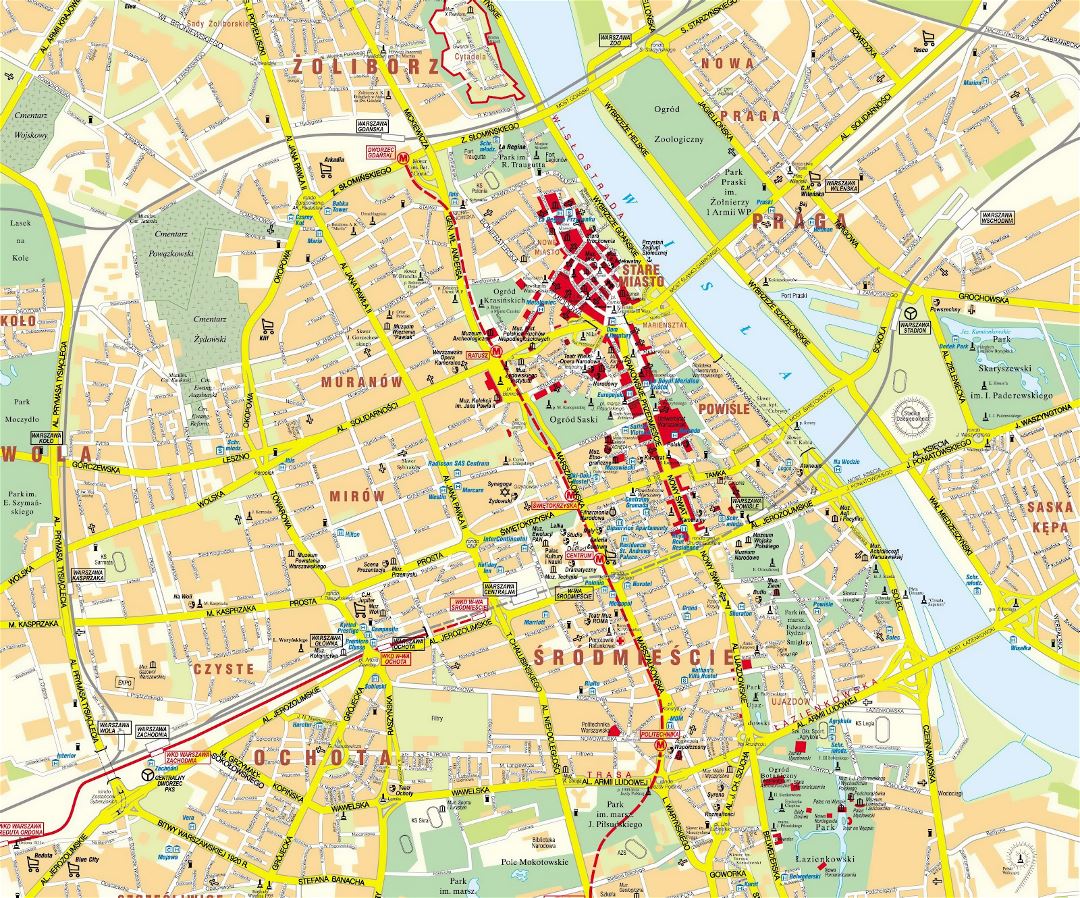 Detallado mapa de la parte central de la ciudad de Varsovia