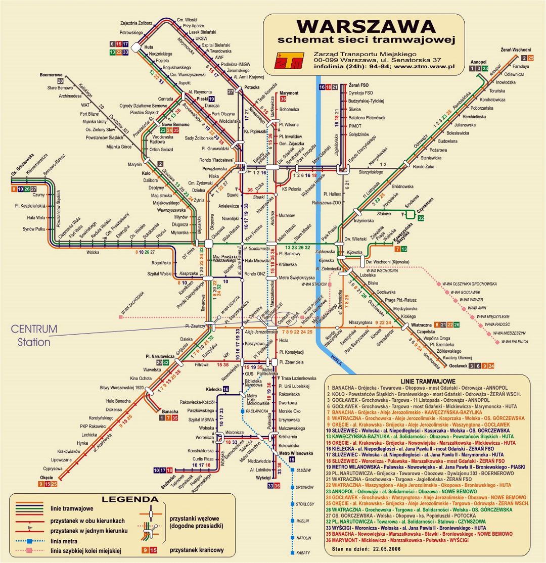 Detallado mapa de tranvía de la ciudad de Varsovia