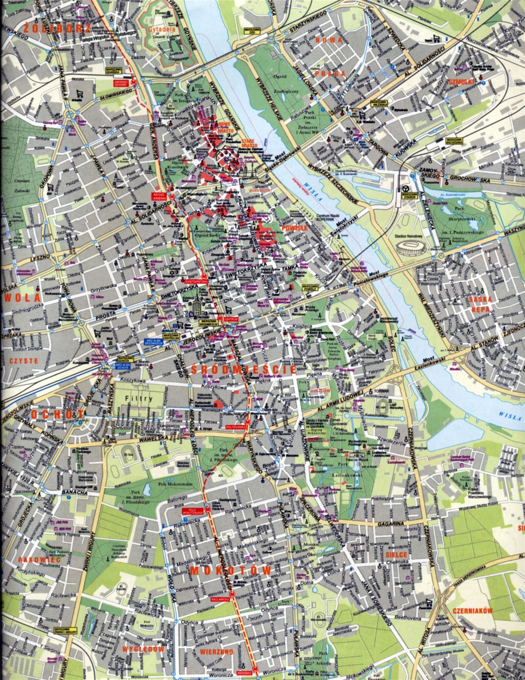 Grande carretera y turístico mapa de centro de Varsovia