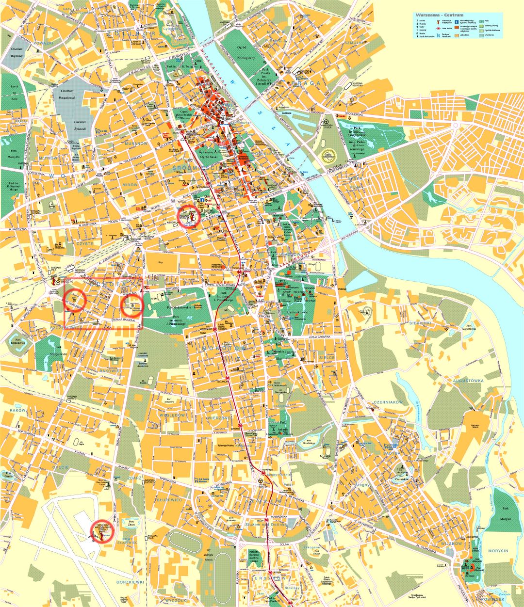 Grande detallado carretera y turístico mapa del centro de la ciudad de Varsovia con edificios