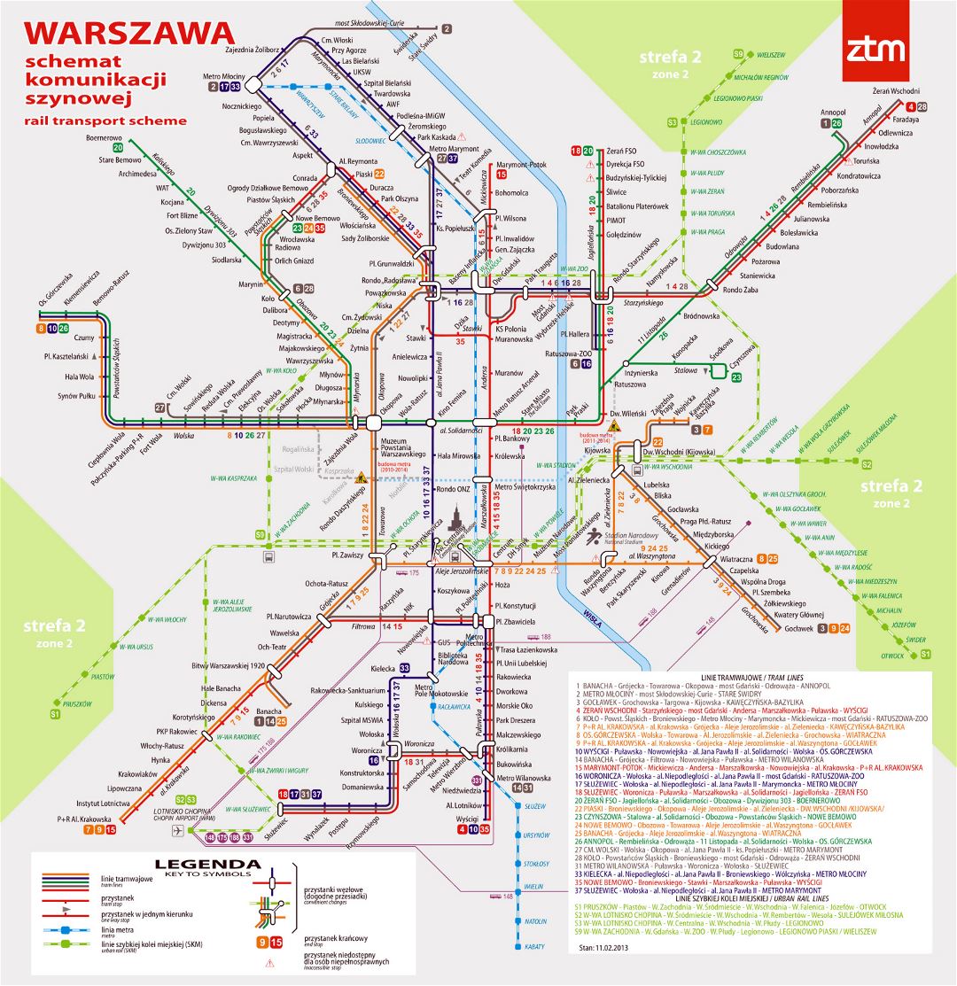 Grande detallado mapa comunicación de tranvía de la ciudad de Varsovia