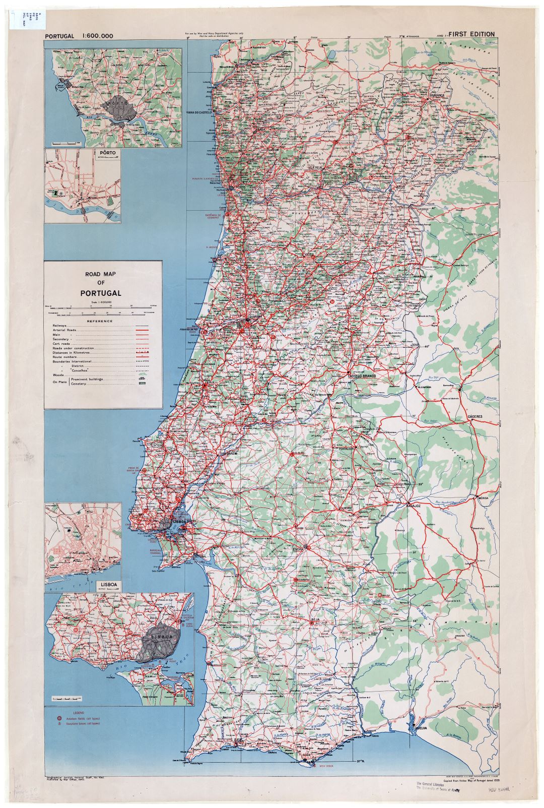 A gran escala hoja de ruta de Portugal con ciudades, pueblos y aldeas - 1943 - 1:600000
