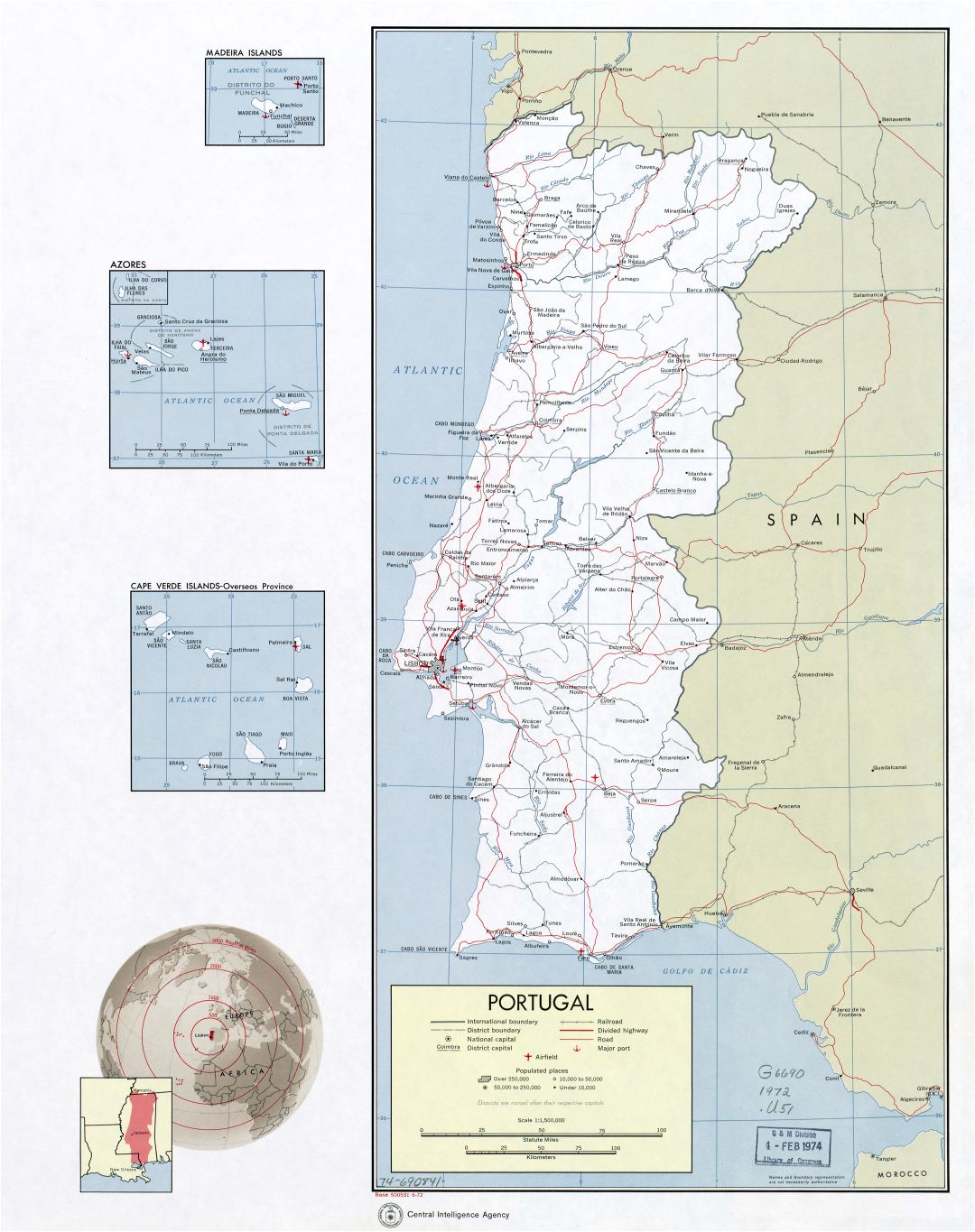 A gran escala mapa político y administrativo de Portugal con carreteras, ferrocarriles, principales ciudades, aeropuertos y puertos marítimos - 1972