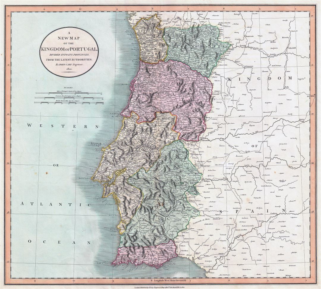 A gran escala viejo mapa político y administrativo de Portugal con alivio, caminos y ciudades - 1801