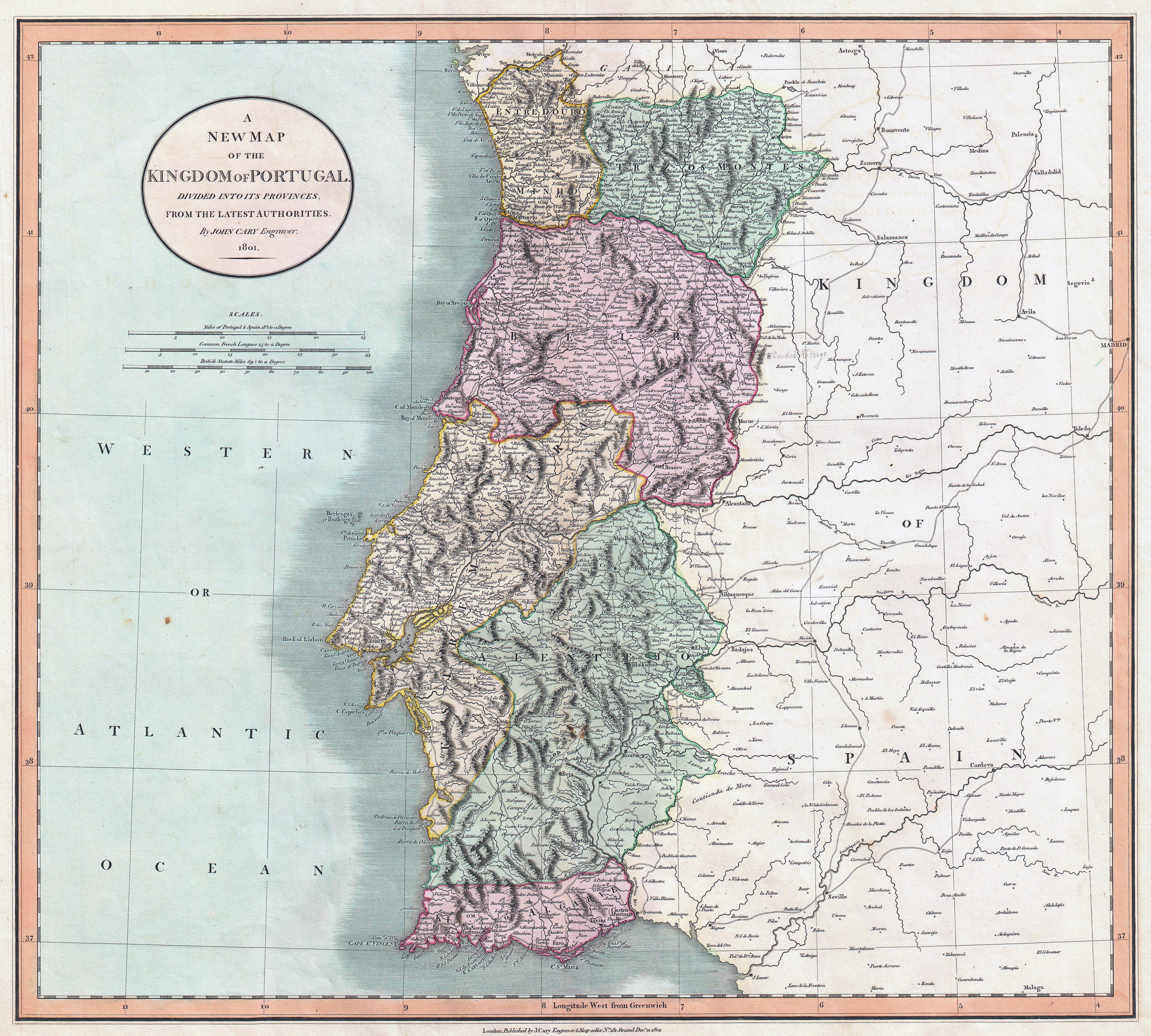 Grande detallado vieja mapa política y administrativa de Portugal con  alivio, caminos y ciudades - 1811, Portugal, Europa