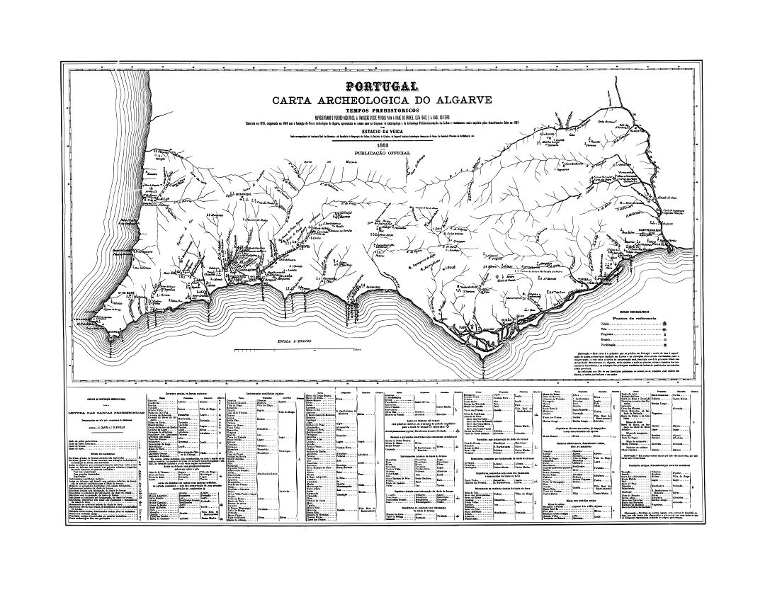 A gran escala antiguo arqueológico mapa de Algarve - 1878