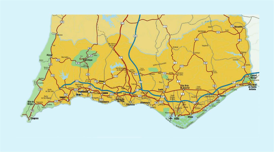 Detallado hoja de ruta de Algarve con ciudades