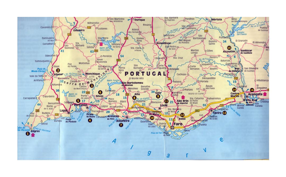 Detallado hoja de ruta de Algarve con otras marcas