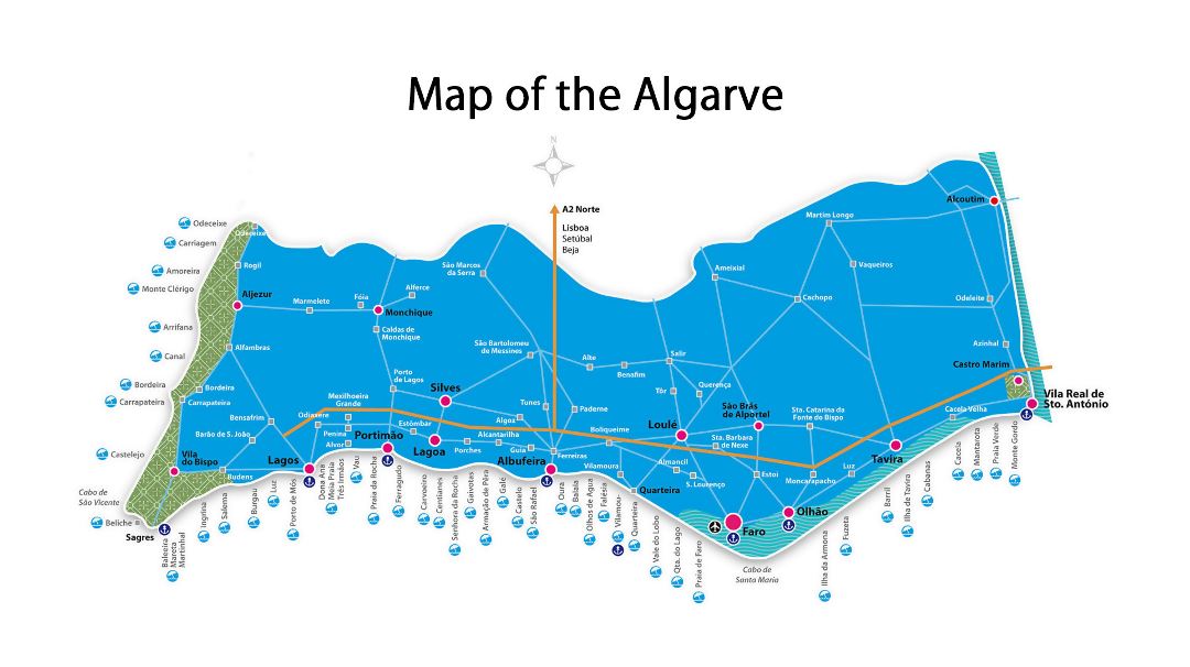 Detallado mapa de Algarve con playas